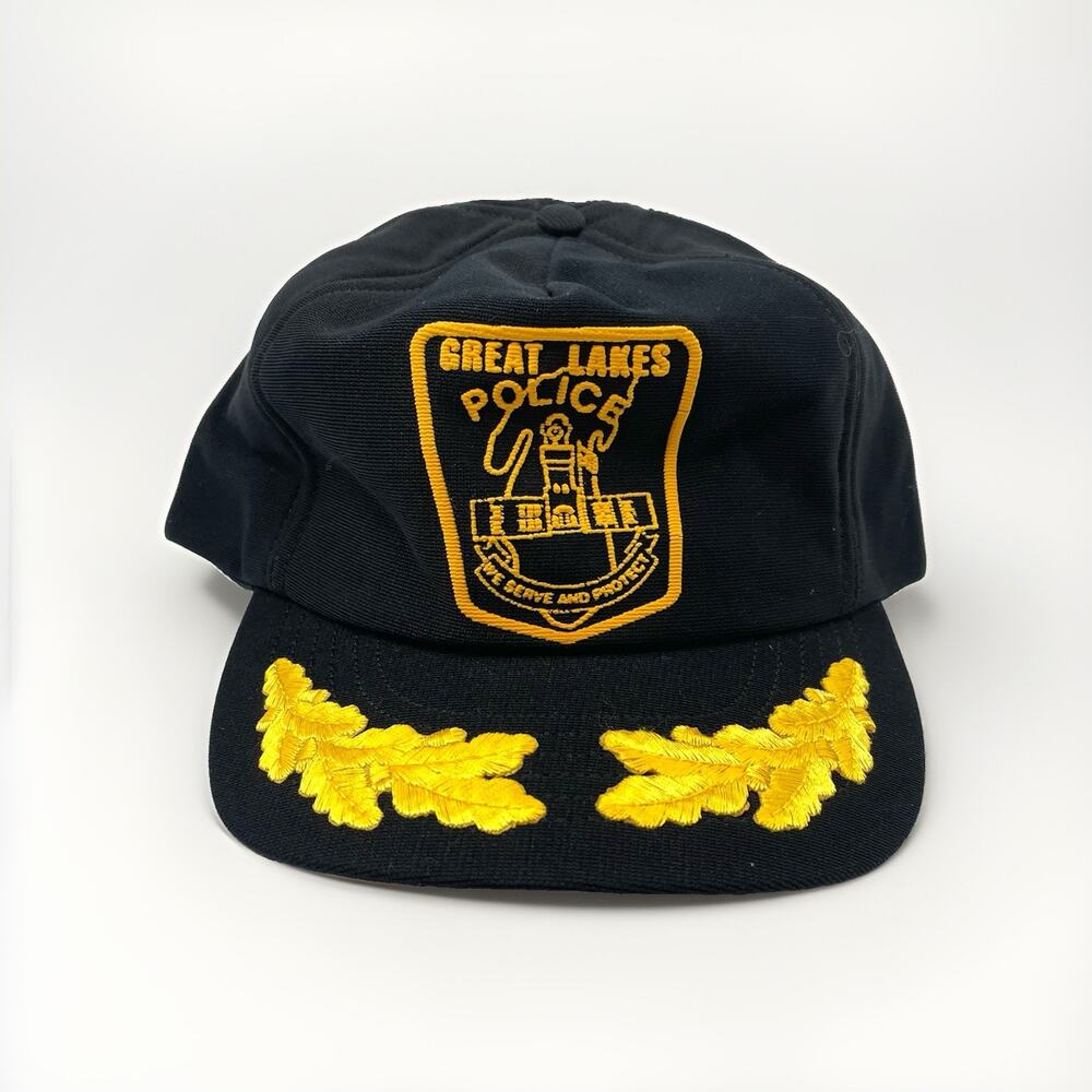 Great Lakes Police Black Baseball Cap Gold Accents Vintage Snap Strap OSFA